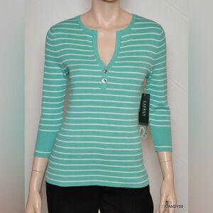 Lauren Ralph Lauren Mint-Striped Henley Rib Knit Top